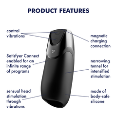 Men Vibration+ feature diagram: vibration control, app connectivity, magnetic charge, silicone tunnel