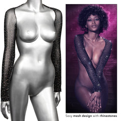 Mesh rhinestone shrug on mannequin beside lifestyle model photo highlighting glitter stone detail