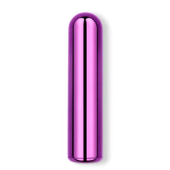Metallic pink chrome bullet vibrator body with smooth glossy finish, silicone sleeve removed