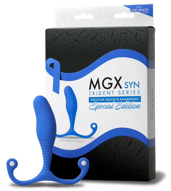MGX Syn Trident Series Special Edition packaging beside the blue silicone prostate massager