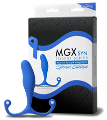 MGX Syn Trident Series Special Edition packaging beside the blue silicone prostate massager