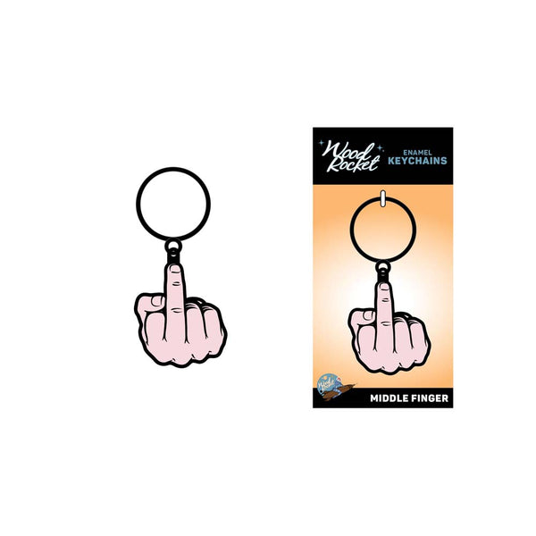 Middle Finger Keychain by Wood Rocket shown beside orange retail packaging card