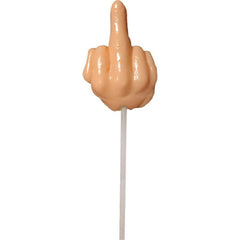 Close-up of the middle-finger shaped butterscotch candy lollipop on a white stick, unpackaged