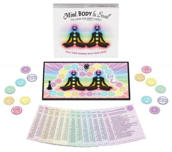 Mind Body & Soul couples board game box with game board, chakra token pieces, and question cards displayed
