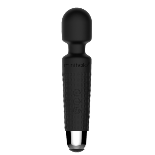 Mini Halo midnight black wand vibrator with textured grip and rounded silicone head