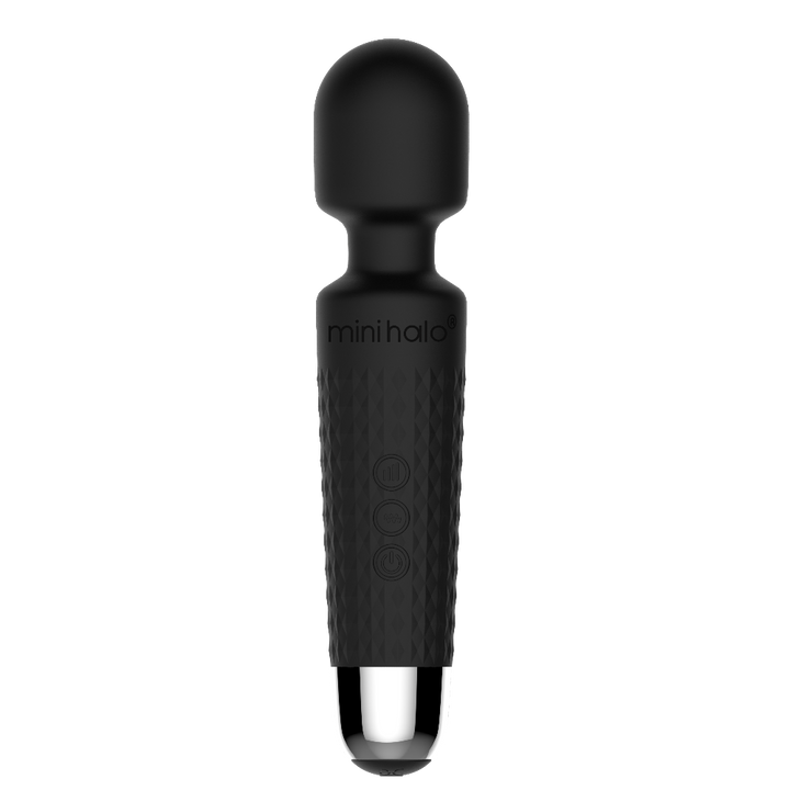 Mini Halo midnight black wand vibrator with textured grip and rounded silicone head