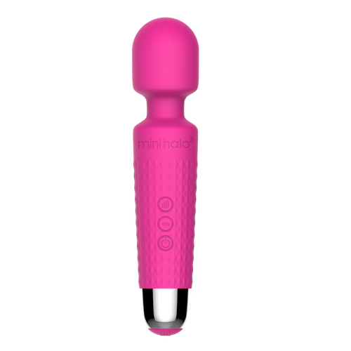 Mini Halo pink silicone wand vibrator with rounded head and textured grip handle