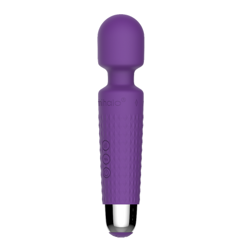 Mini Halo wand vibrator in amethyst purple silicone with textured grip handle