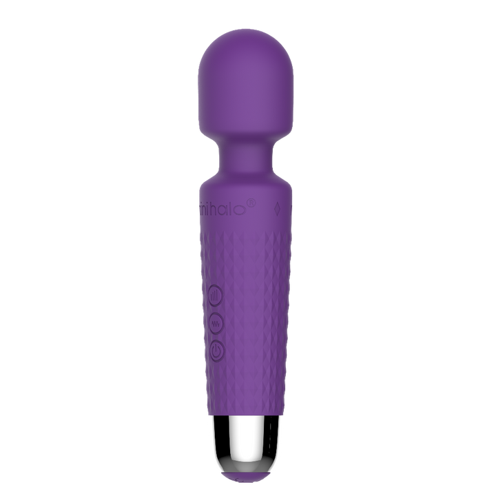 Mini Halo wand vibrator in amethyst purple silicone with textured grip handle