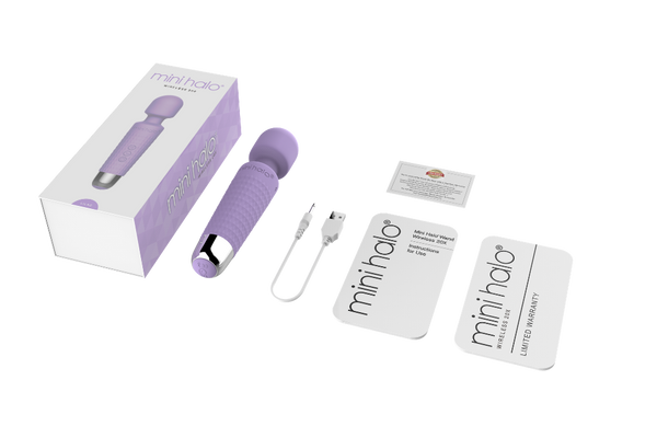 Mini Halo wand vibrator shown with box, USB charging cable, and warranty cards