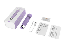 Mini Halo wand vibrator shown with box, USB charging cable, and warranty cards