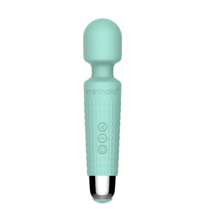 Mini Halo wand vibrator in minty green silicone with textured grip and rounded head