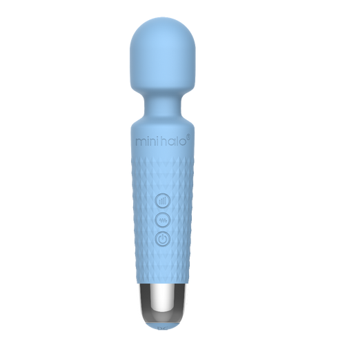 Mini Halo wand vibrator in powder blue silicone with textured grip and rounded head