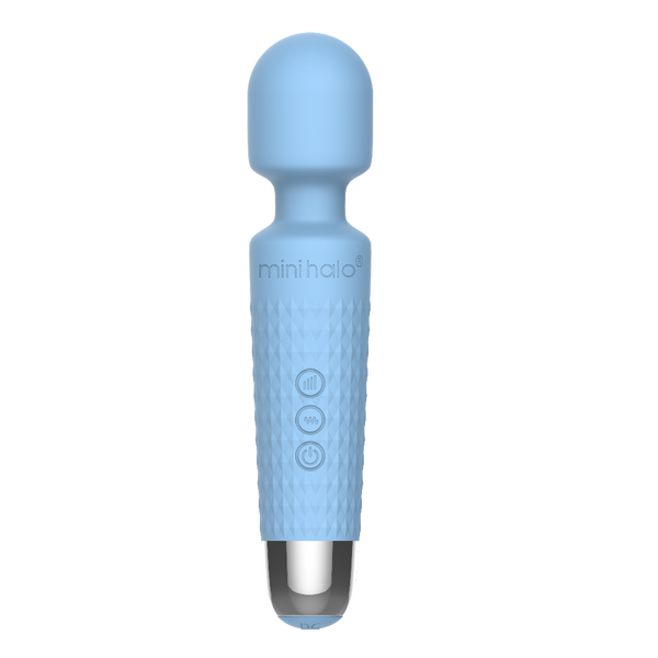 Mini Halo wand vibrator in powder blue silicone with textured grip and rounded head