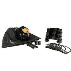 Mini-Me Cock Cage Kit components: device, five sizing rings, spacers, pins, cable ties, and storage pouch