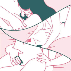 Minimalist line-art illustration of two partners, representing shared stimulation during intimacy
