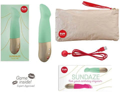 Mint Sundaze pulse vibe unboxing layout with pouch, magnetic USB cable, and product booklet