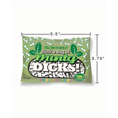 Minty Dicks candy bag dimensions shown: 5.5 inches wide by 3.75 inches tall, green packaging