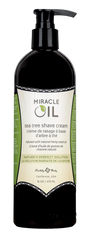 Miracle Oil Tea Tree Shave Cream pump bottle, 16 oz, dark amber with green label