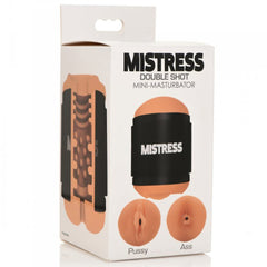 Mistress Double Shot Mini-Masturbator retail packaging showing internal tunnel and dual-entry design