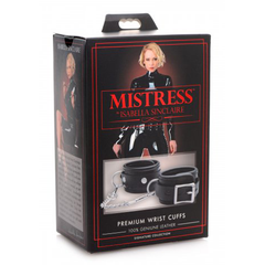 Mistress by Isabella Sinclaire premium wrist cuffs box showing 100% genuine leather label