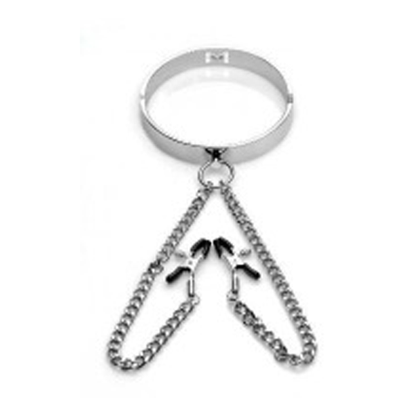 Mistress Isabella Sinclaire slave collar with nipple clamps and silver-tone chain links