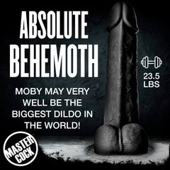 Moby black dildo standing upright with 23.5 lbs weight callout emphasising its dense solid build