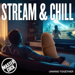 Moby Super Dildo placed on a sofa beside a person watching a movie, lifestyle novelty scene