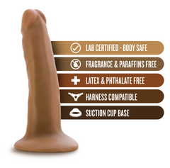 Mocha-toned dildo showing lab-certified, body-safe and harness-compatible feature badges