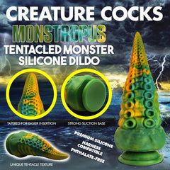 Monstropus product feature graphic highlighting tapered tip, suction base, and unique tentacle texture
