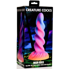 Moon Rider Glow-In-The-Dark Unicorn Dildo displayed beside its Creature Cocks retail box