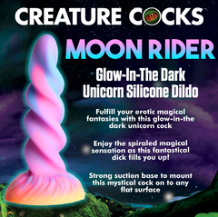 Moon Rider Glow-In-The-Dark Unicorn Silicone Dildo product feature card with key details