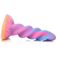 Moon Rider unicorn dildo laid flat showing ribbed suction base and twisted shaft profile