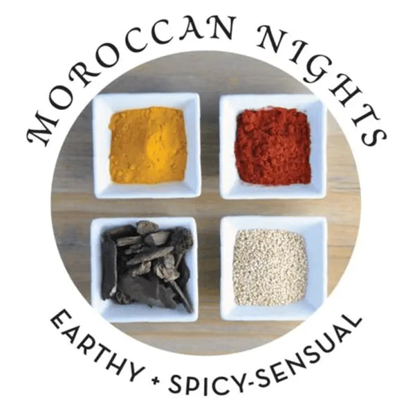 Moroccan Nights scent mood graphic showing turmeric, paprika, wood, and sesame spice notes