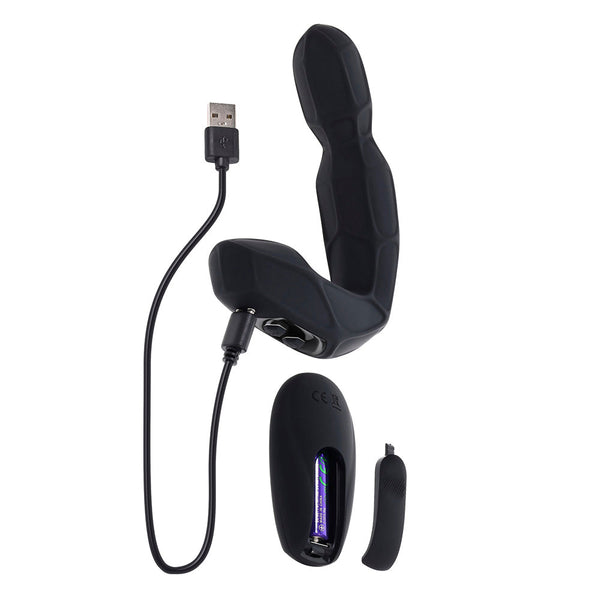 Mr. Prostate massager with USB magnetic charging cable attached and wireless remote control alongside