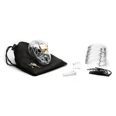 Mr. Stubb Cage Kit contents: device, interchangeable rings, lock pins, keys, and storage pouch