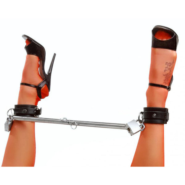 MS Spread Me Adjust Steel Spreader Bar with black leather ankle cuffs and padlocks