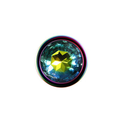Close-up of multicolour faceted crystal base on the Evolved Rainbow Metal Plug Medium