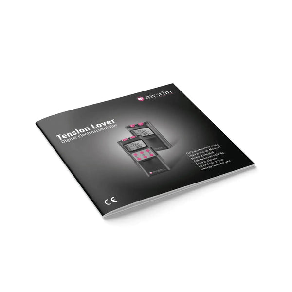 Multilingual instruction manual booklet for the Tension Lover digital electrostimulator by Mystim