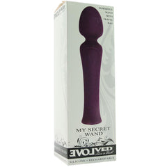 My Secret Wand by Evolved in retail box highlighting silicone rechargeable wand with travel bag