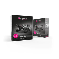 Mystim Barry Bite bipolar e-stim nipple clamps shown with new-design packaging, front and back