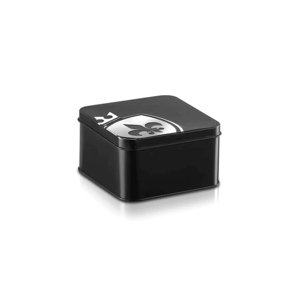 Mystim branded black metal storage tin with embossed logo, included with the Pearly Pete set