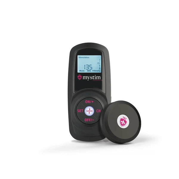 Mystim Cluster Buster black eStim control unit with LCD display and round wireless receiver puck