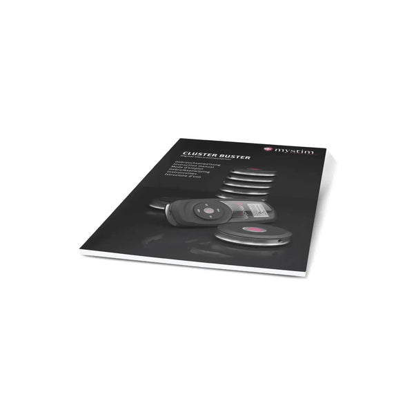 Mystim Cluster Buster multilingual instruction manual booklet showing product illustrations on cover