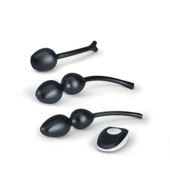 Mystim Jane Wonda geisha balls set with single ball, duo, and remote control in matte black silicone