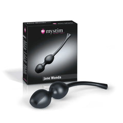 Mystim Jane Wonda packaging beside the black silicone duo kegel balls showing product branding