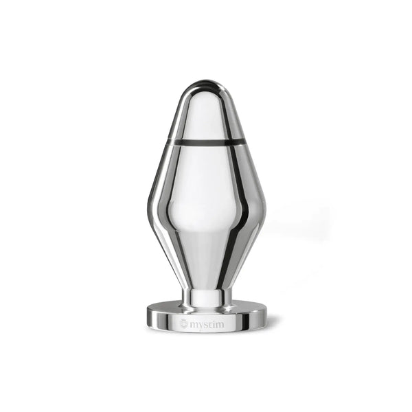 Mystim John Buttplug L in polished stainless steel with geometric faceted body and flared base