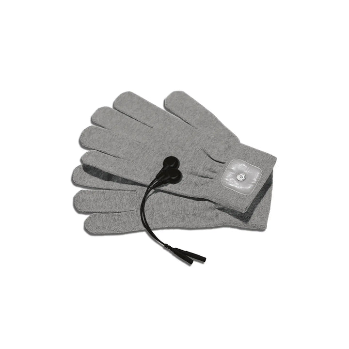Mystim Magic Gloves e-stim glove set in light grey with snap connector cable at wrist