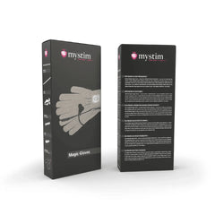Mystim Magic Gloves packaging shown front and back with multilingual product details