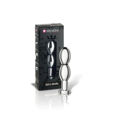 Mystim O(h!)-thello dildo displayed upright beside its dark branded retail box